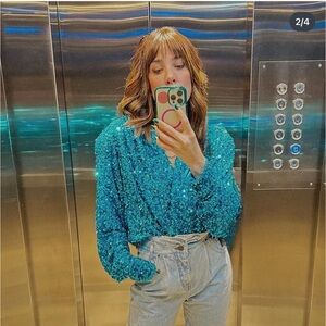 Dazzling Blue Sequin Cropped Jacket